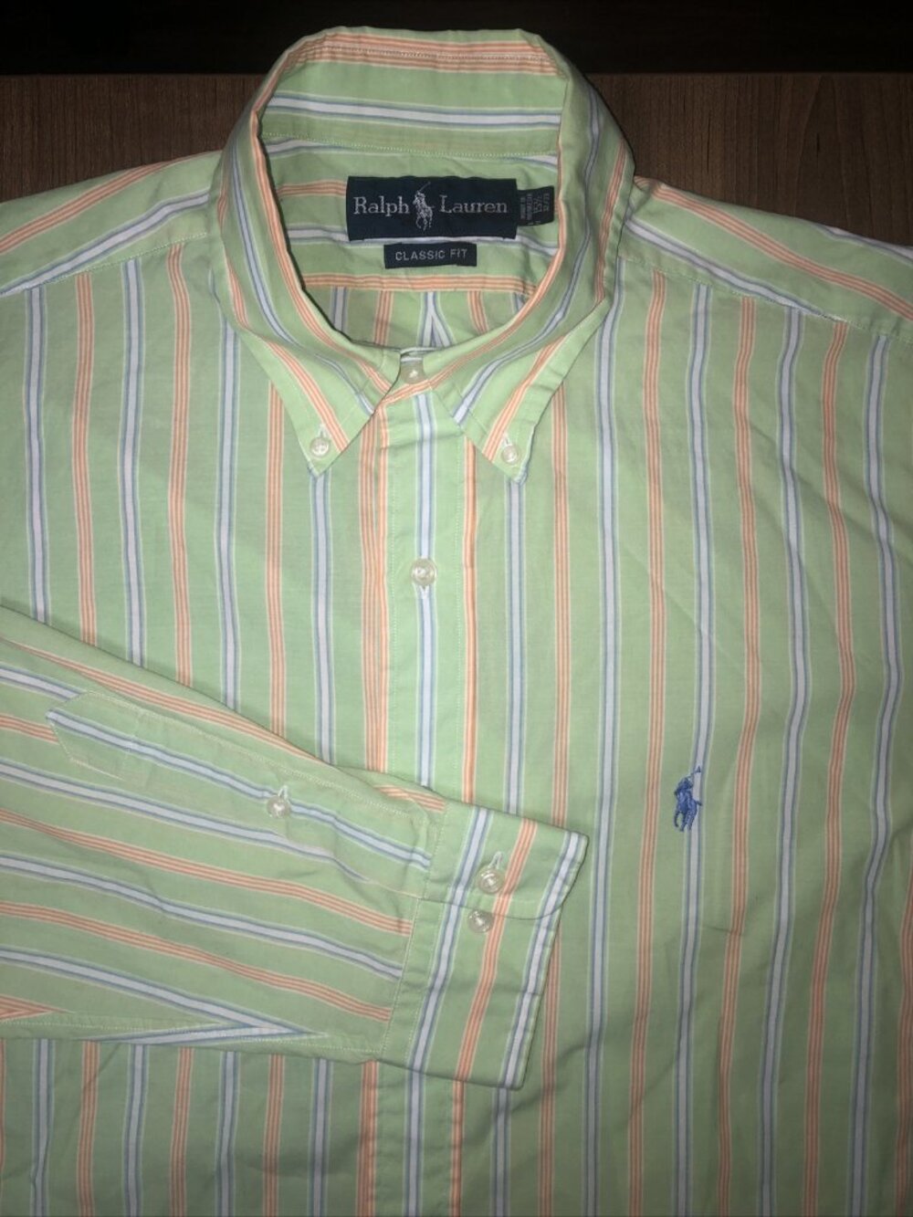 Ralph Lauren 15.5 32/33 Green Orange Striped Long Sleeve Button Up Shirt Classic